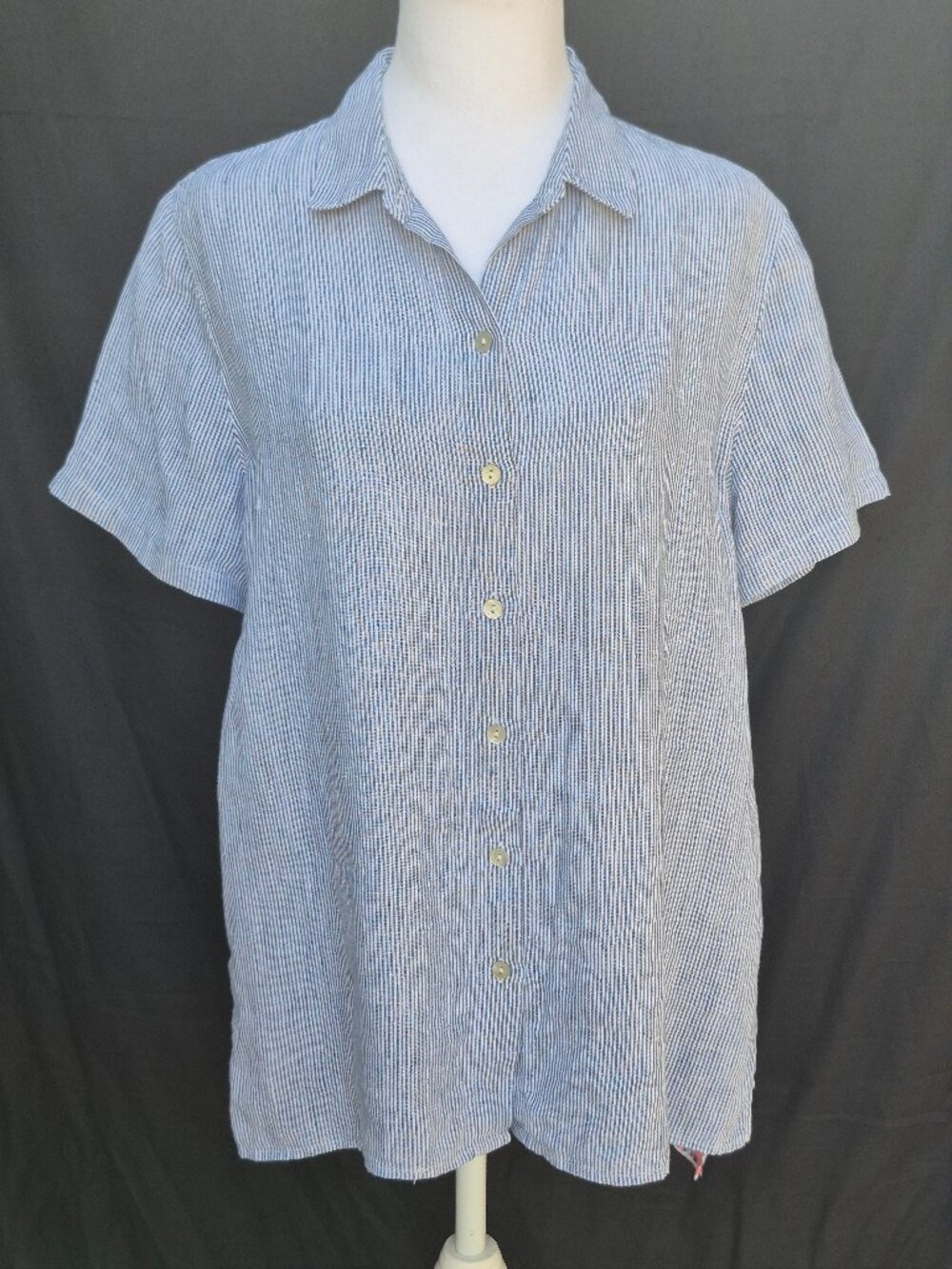 J. Jill  Striped LINEN Blue Floral Short Sleeve Woman's Shirt Size M